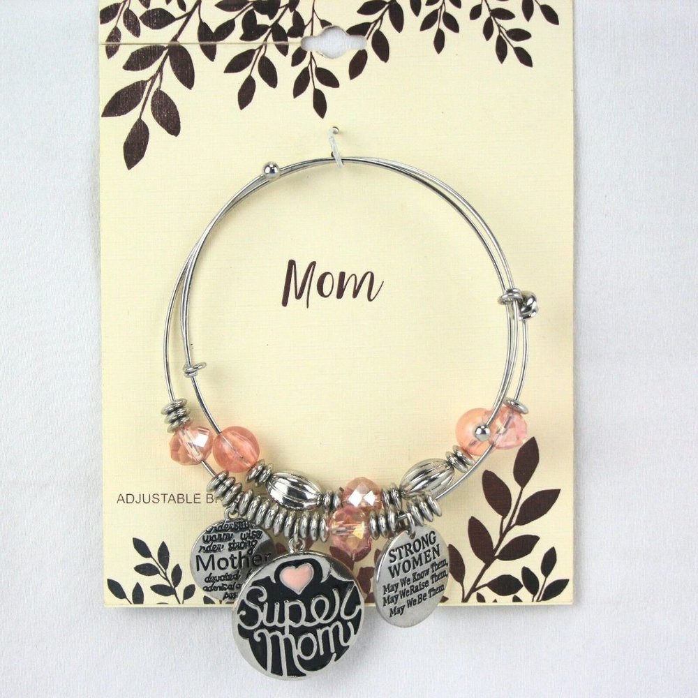 Mom Gift 2 Charm Bracelets Silver-tone Bangle with Pink Beads